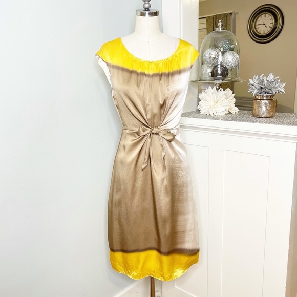 Elie Tahari Silk Tie Front Sheath Dress Yellow Tan & Gold - Picture 10 of 11